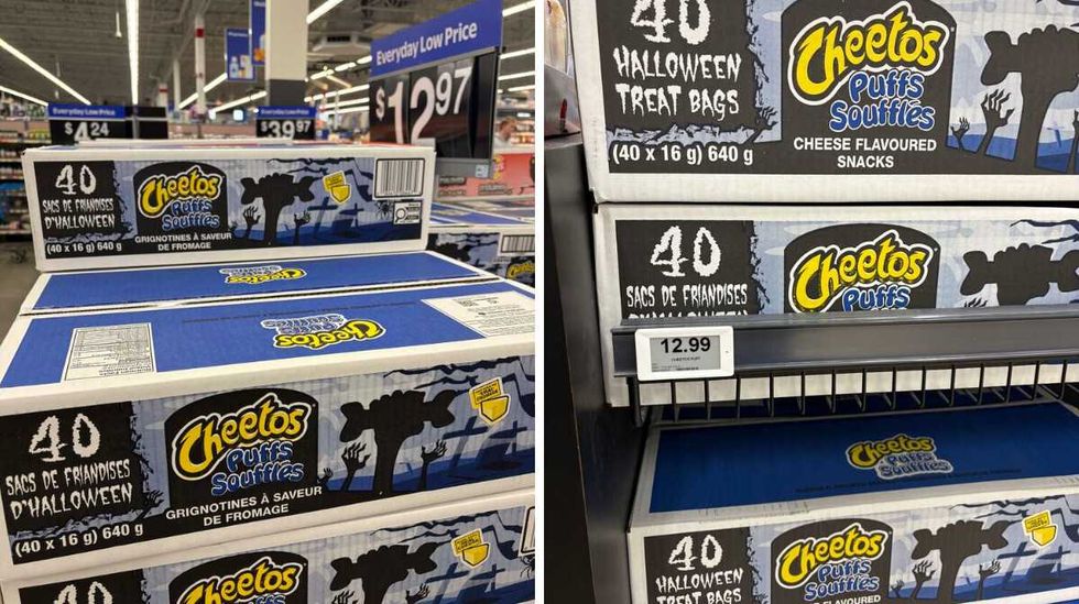 boxes of Cheetos \u200bat Walmart. Right: boxes of Cheetos at Loblaws.