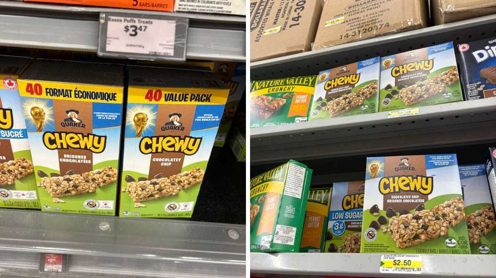 boxes of Chewy chocolate chip granola bars at Walmart. Right: boxes of Chewy chocolate chip granola bars at Dollarama.