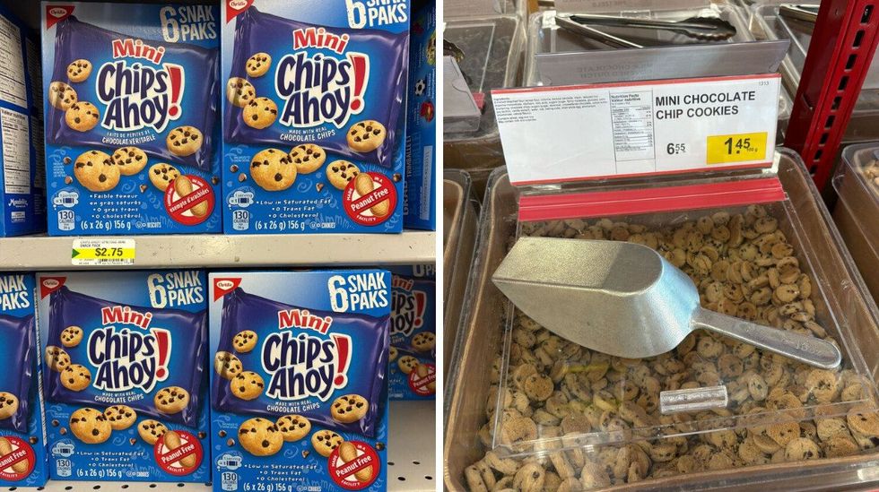 boxes of chips ahoy mini chocolate chip cookies at dollarama. right: bin of mini chocolate chip cookies at bulk barn