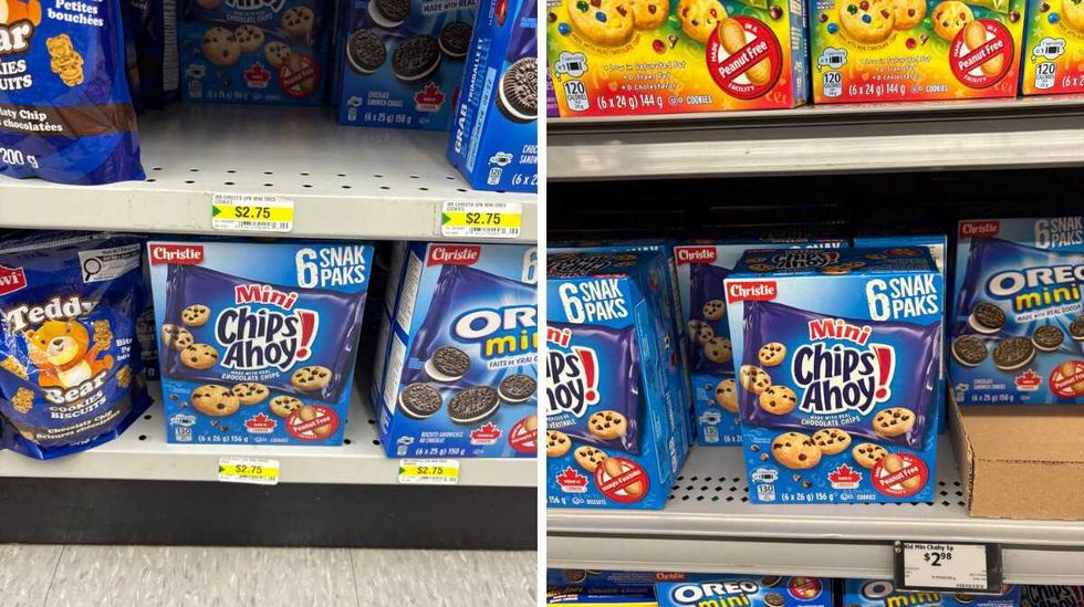 boxes of Chips Ahoy mini chocolate chip cookies at Dollarama. Right: boxes of Chips Ahoy mini chocolate chip cookies at Walmart.