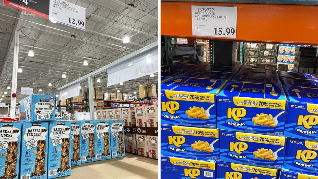 boxes of chocolate chip granola bars at costco. right: boxes of kraft dinner on a costco warehouse shelf