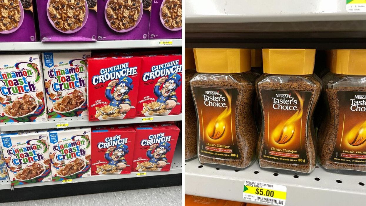 boxes of cinnamon toast crunch, cap'n crunch and raisin bran on shelves at dollarama. right: jars of nescafe insant coffee at dollarama