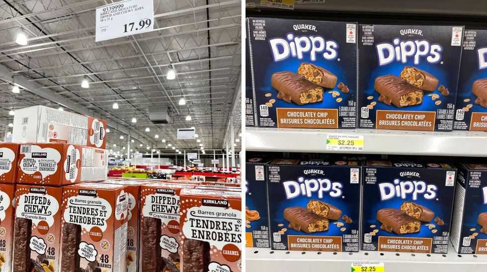 boxes of costco kirkland signature chocolate dipped granola bars. right: boxes of quaker dipps chocolate dipped granola bars on dollarama shelves