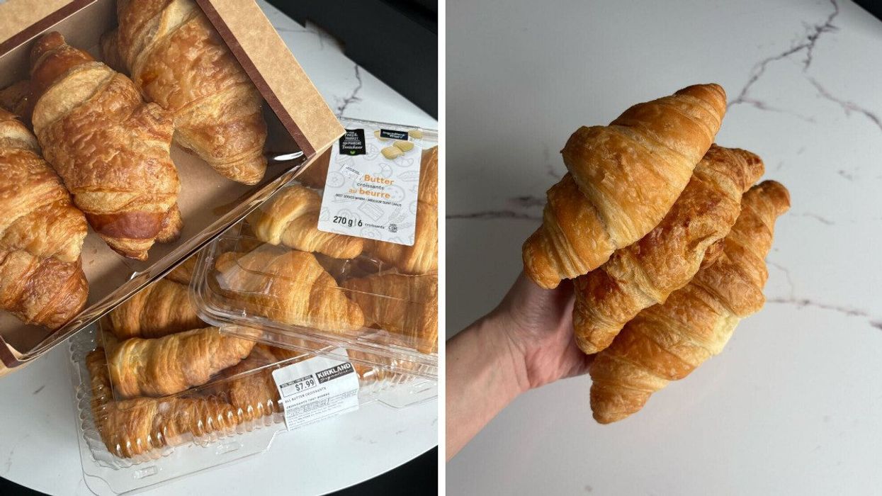 boxes of croissants from lobalws, walmart and costco. right: person croissants from walmart, loblaws and costco