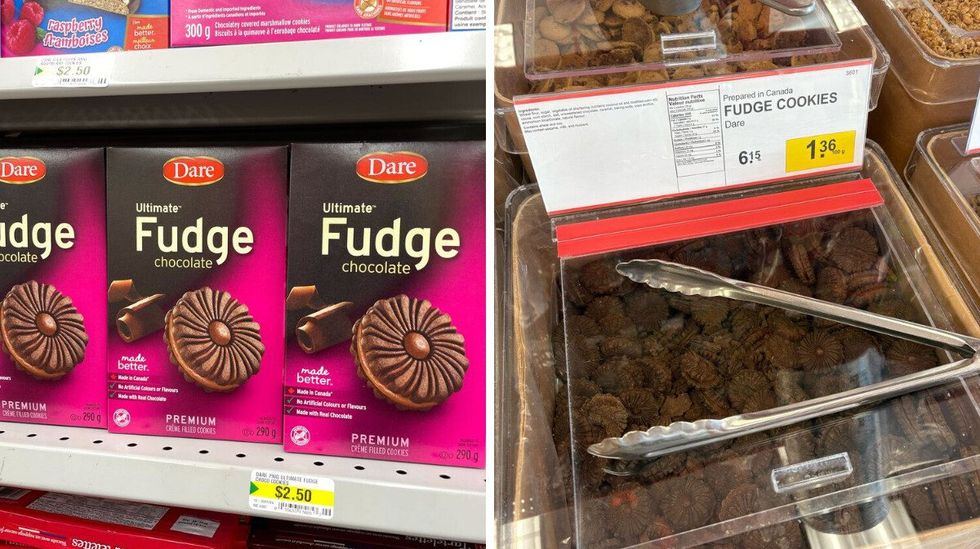 boxes of dare fudge cookies at dollarama. right: bin of dare fudge cookies at bulk barn