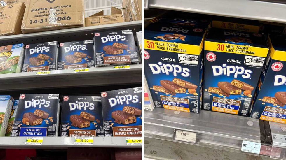 boxes of Dipps chocolate-covered granola bars at Dollarama. Right: boxes of Dipps chocolate-covered granola bars at Walmart.