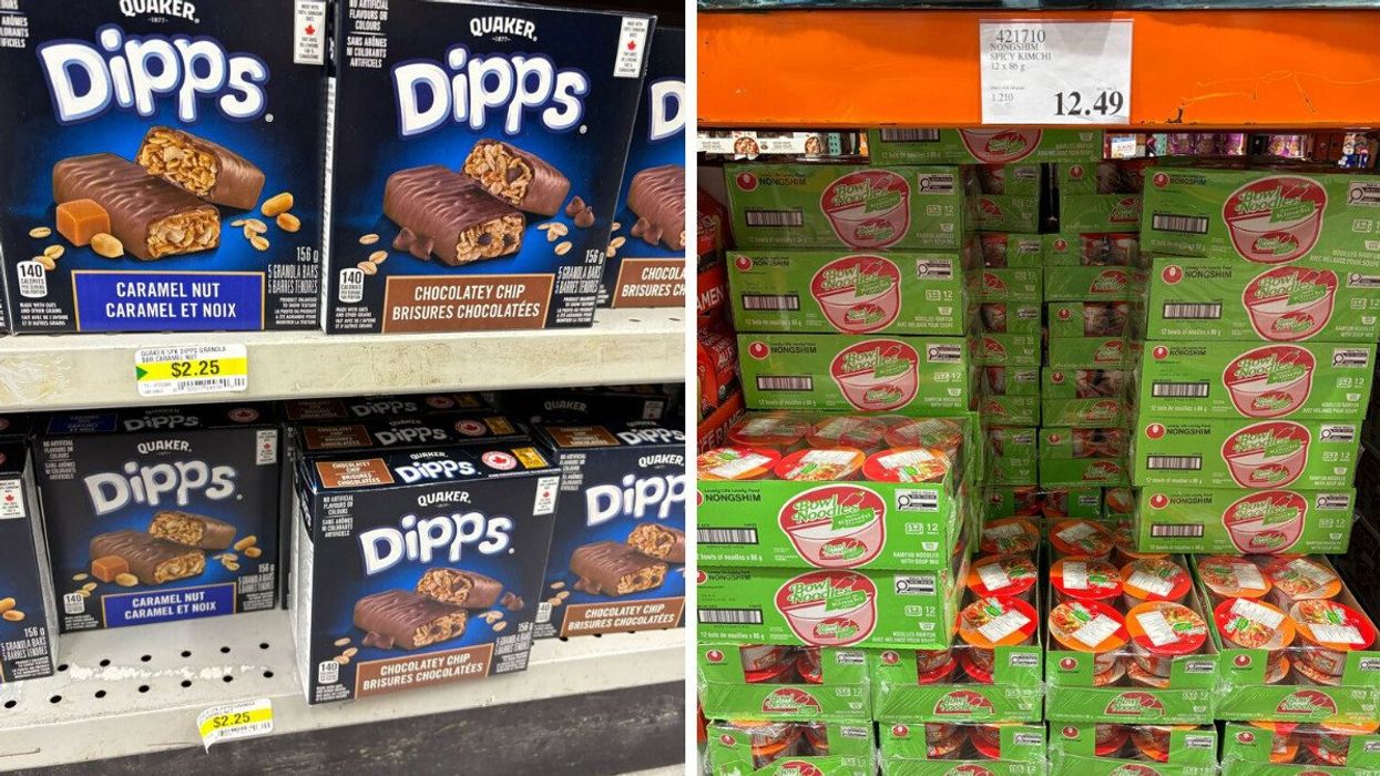 boxes of dipps granola bars on shelves at dollarama. right: boxes of nongshim instant noodles at costco