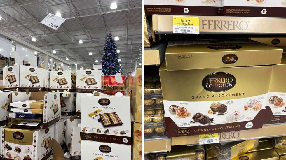 boxes of Ferrero Collection Grand Assortment chocolates at Costco. right: boxes of Ferrero Collection Grand Assortment chocolates at walmart
