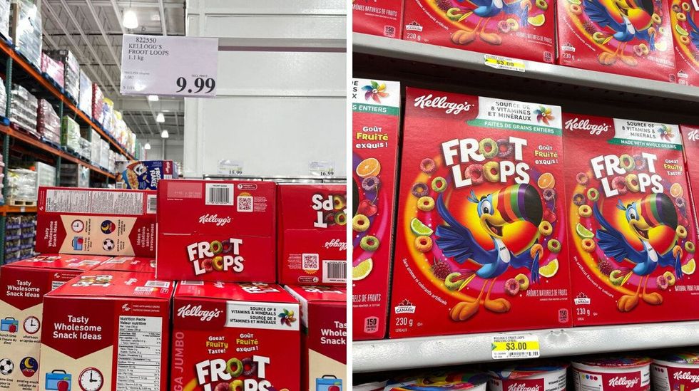 boxes of froot loops at costco. right: boxes of froot loops on a shelf at dollarama