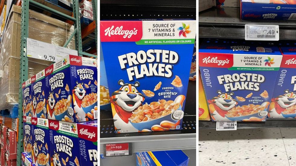 boxes of frosted flakes at costco, walmart and metro