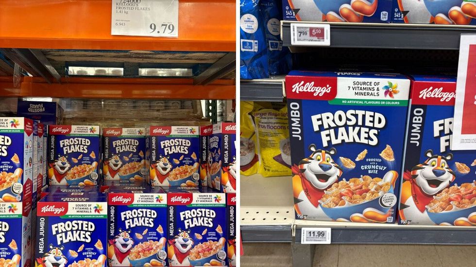 boxes of frosted flakes cereal at costco. right: boxes of frosted flakes cereal on shelf at loblaws