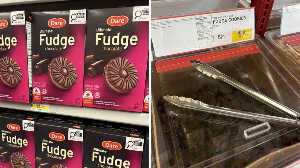 boxes of Fudge cookies at Dollarama. Right: bins of Fudge cookies at Bulk Barn