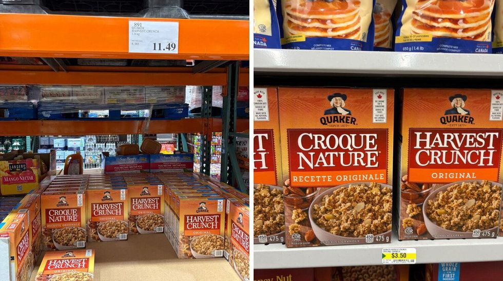 boxes of Harvest Crunch granola cereal at costco. right: boxes of Harvest Crunch granola cereal at dollarama