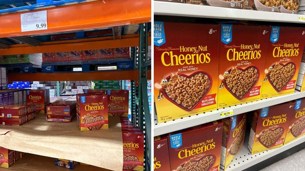 boxes of Honey Nut Cheerios at Costco. right: boxes of Honey Nut Cheerios at Dollarama