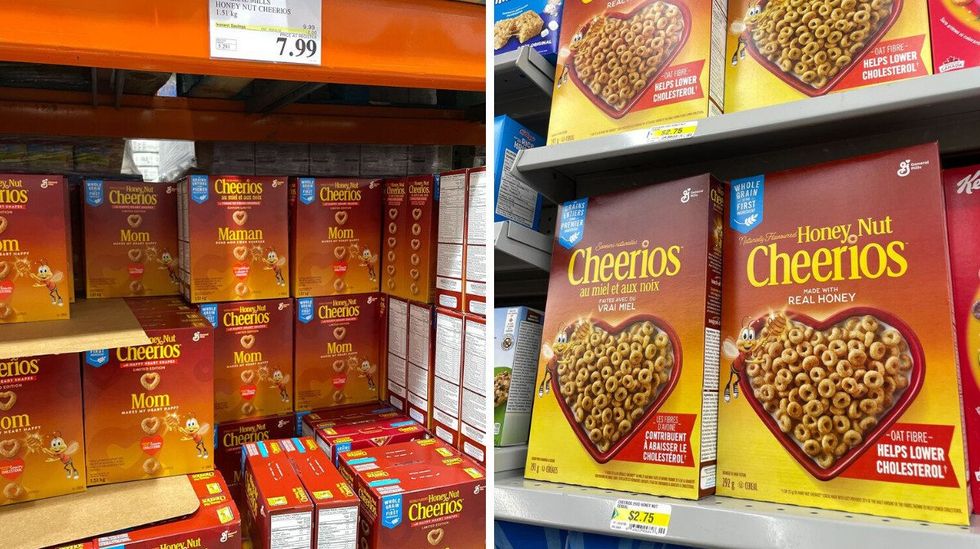 boxes of honey nut cheerios at costco. right: boxes of honey nut cheerios on a shelf at dollarama