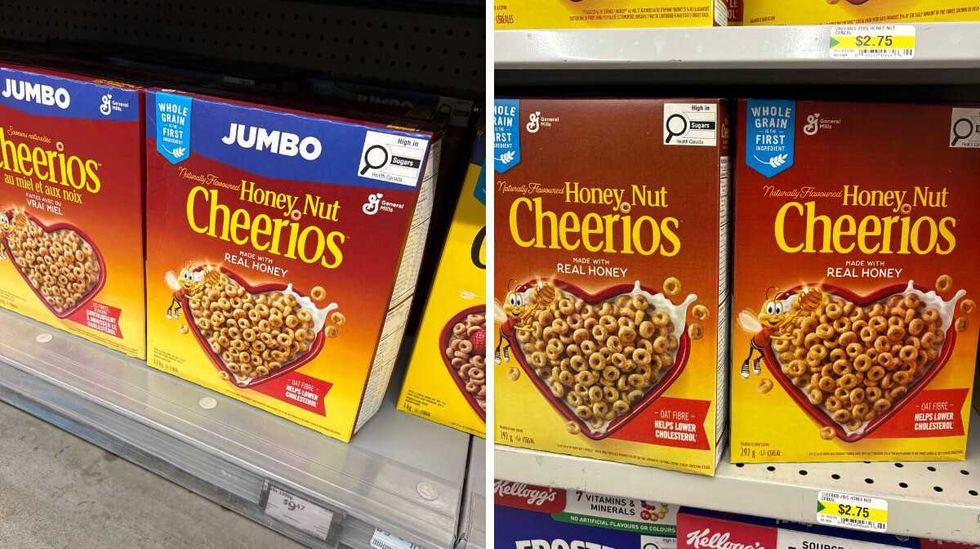 boxes of Honey Nut Cheerios at Walmart. Right: boxes of Honey Nut Cheerios at Dollarama.