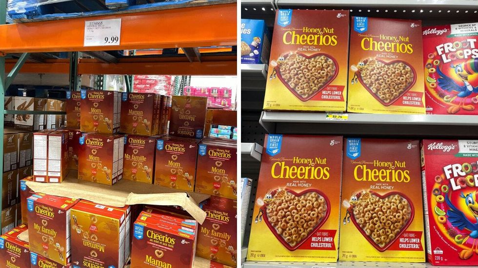 boxes of honey nut cheerios on shelves at costco and dollarama