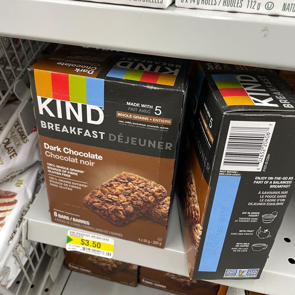 boxes of kind oat bars on shelves at dollarama