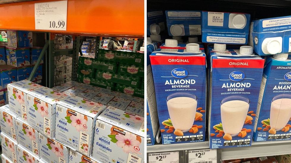 boxes of Kirkland Signature Almond beverage\u200b. Right: bottles of Great Value almond beverage at Walmart