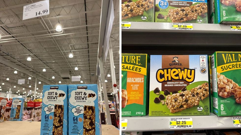 boxes of Kirkland Signature chocolate chip granola bars at costco. right: boxes of quaker chewy granola bars at dollarama