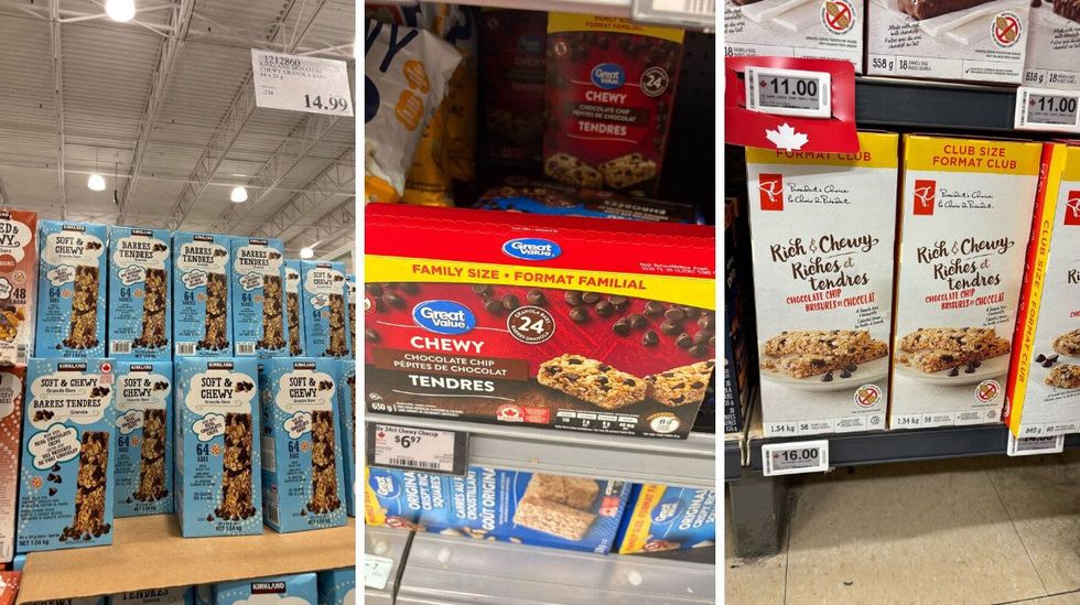 boxes of kirkland signature chocolate chip granola bars. centre: boxes of great value chocolate chip granola bars. right: boxes of president's choice chocolate chip granola bars