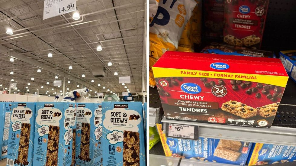 boxes of kirkland signature chocolate chip granola bars. right: boxes of great value chocolate chip granola bars