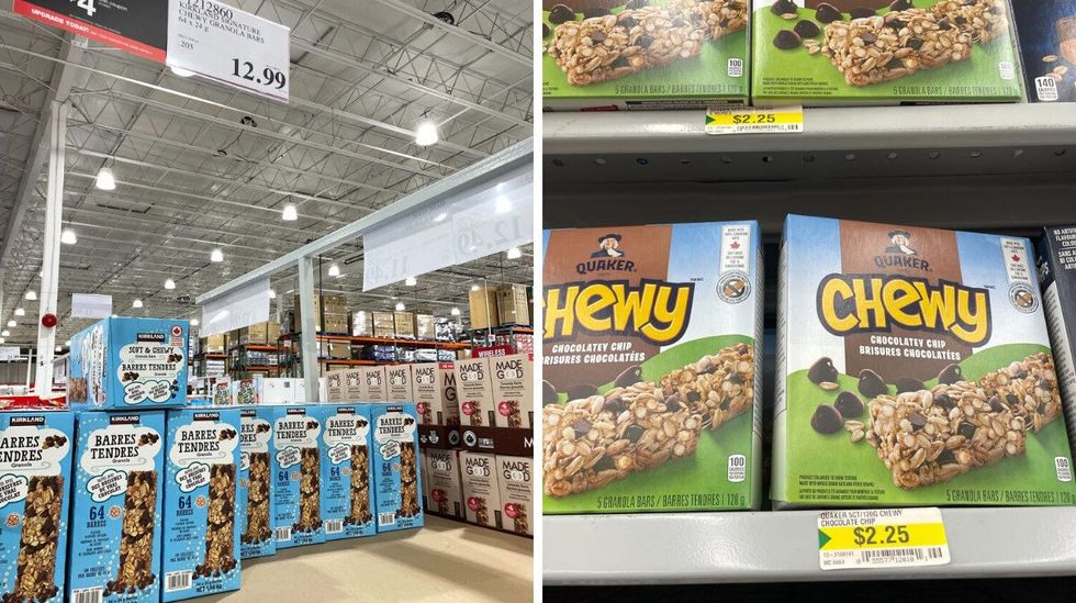 boxes of kirkland signature chocolate chip granola bars. right: quaker chewy chocolate chip granola bars at dollarama