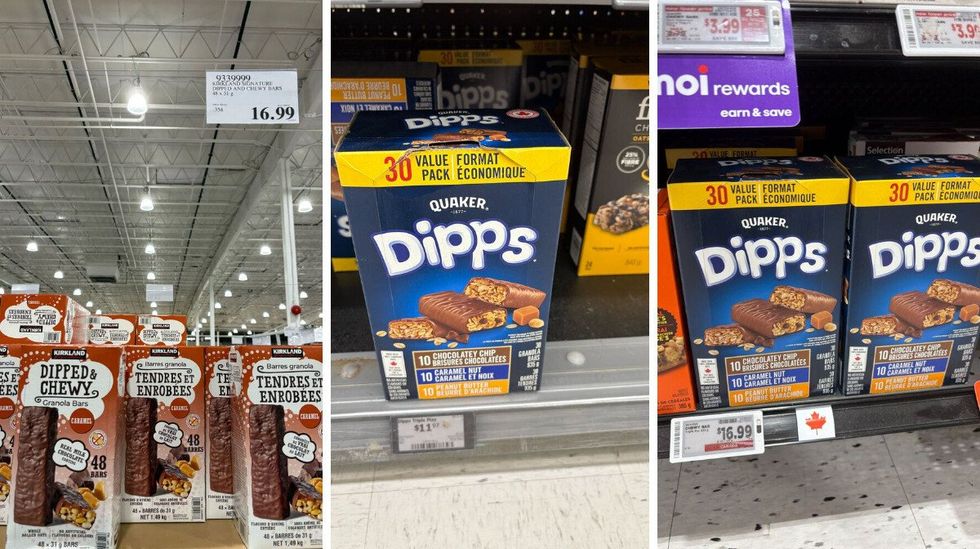 boxes of kirkland signature chocolate covered granola bars at costco. centre: boxes of quaker dipps chocolate covered granola bars at walmart. right: boxes of quaker dipps chocolate covered granola bars at metro