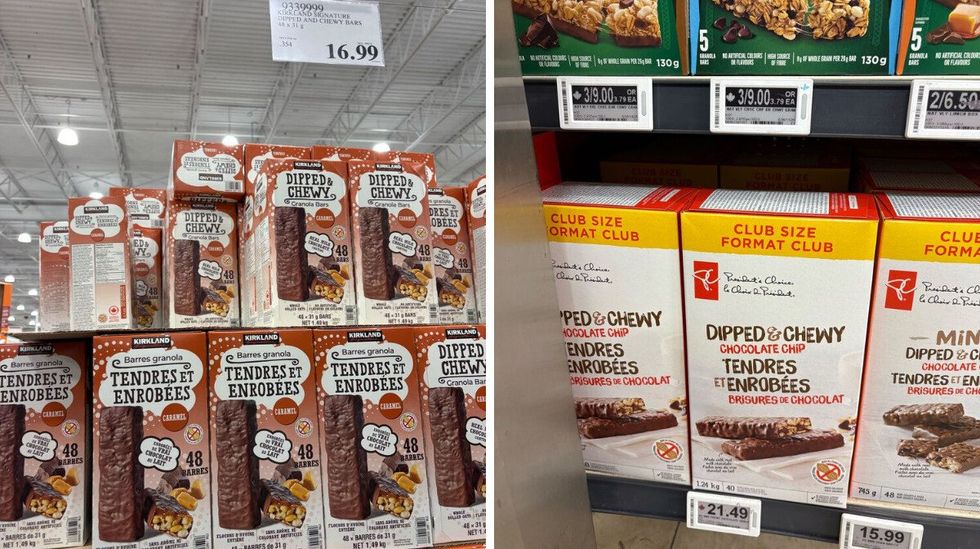 boxes of kirkland signature chocolate-covered granola bars at costco. right: boxes of president's choice chocolate-covered granola bars at loblaws