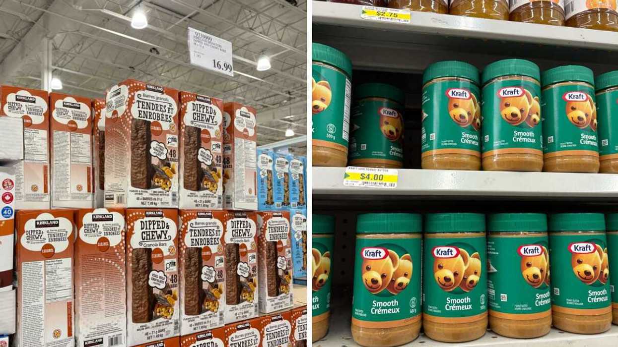 boxes of kirkland signature chocolate covered granola bars at costco. right: jars of kraft peanut butter on shelves at dollarama