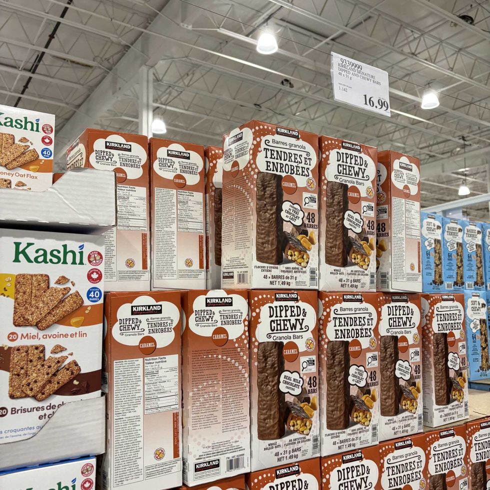 boxes of Kirkland Signature chocolate-covered granola bars at costco