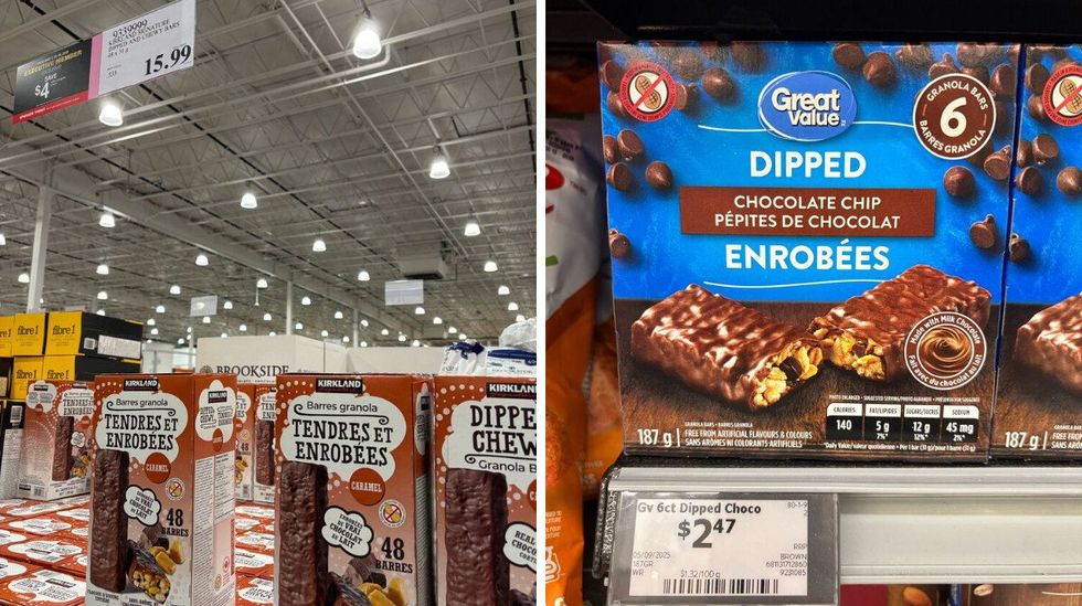 boxes of kirkland signature chocolate-covered granola bars. right: boxes of great value chocolate-covered granola bars