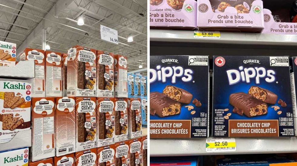 boxes of Kirkland Signature chocolate-dipped granola bars at Costco. Right: boxes of Quaker Dipps granola bars at Dollarama