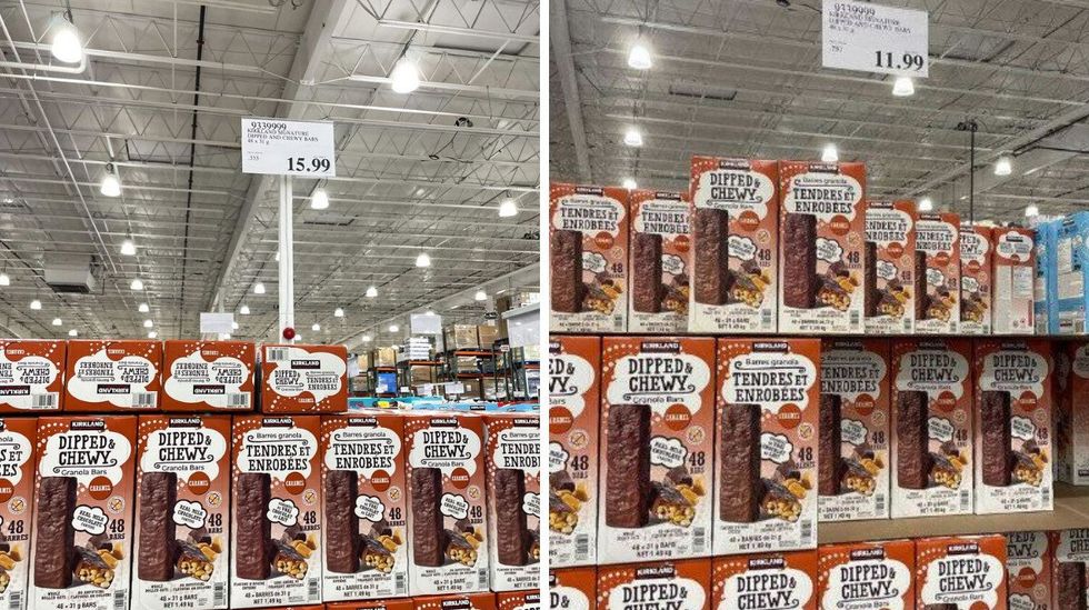 boxes of Kirkland Signature chocolate-dipped granola bars in 2025 and 2024