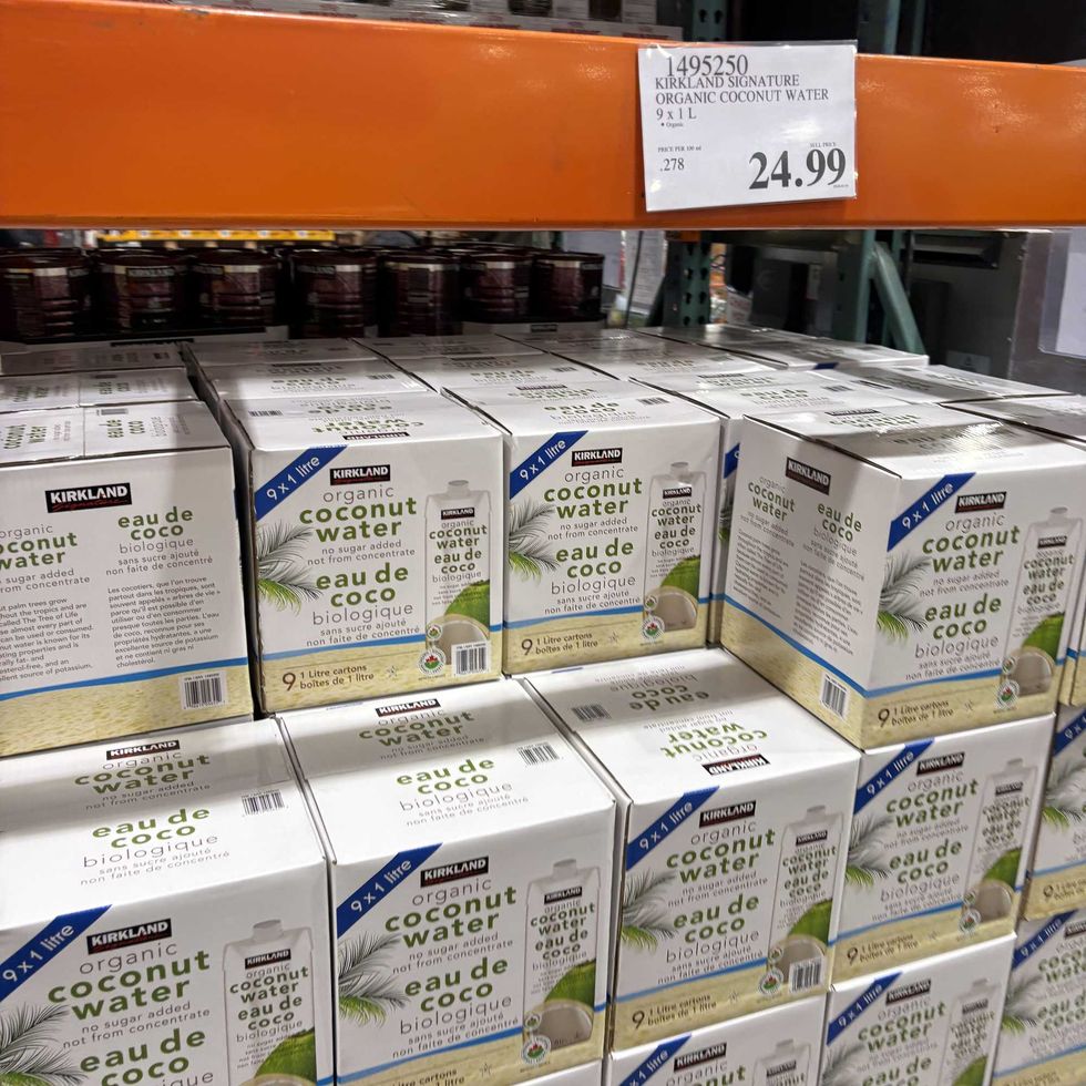 boxes of Kirkland Signature coconut water at costco