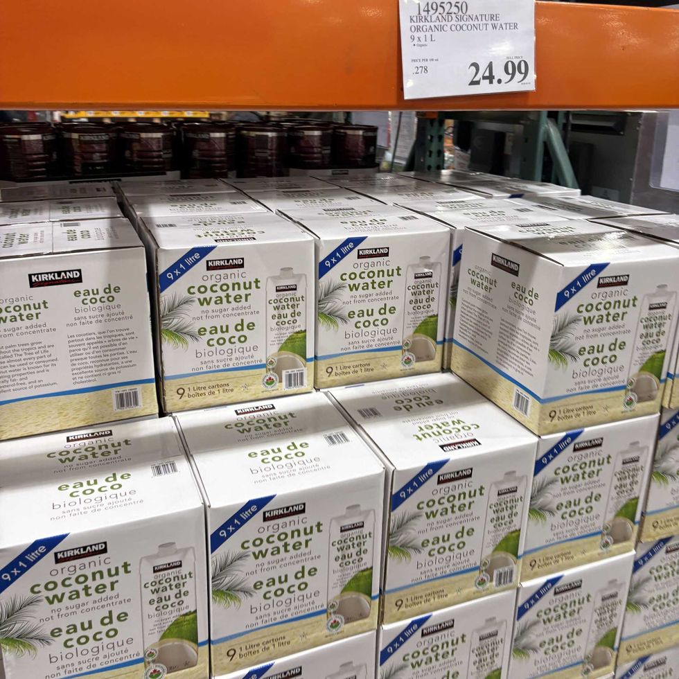 boxes of Kirkland Signature coconut water at costco