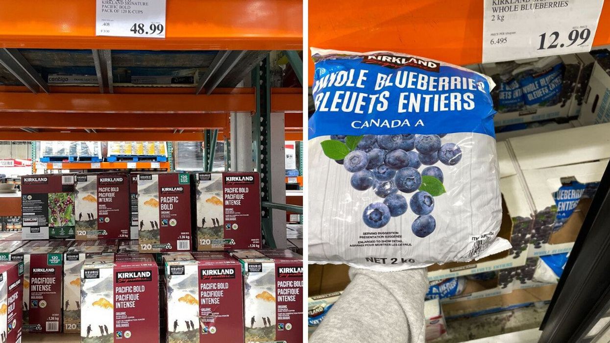 boxes of kirkland signature coffee pods at costco. right: person holding bag of kirkland signature frozen blueberries at costco