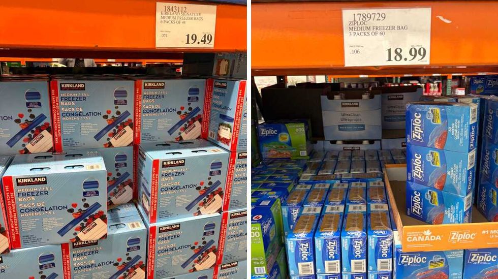 boxes of Kirkland Signature medium freezer bags. Right: packs of Ziploc medium freezer bags at Costco.