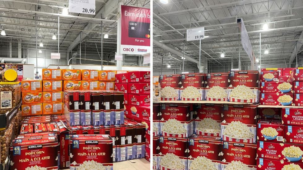 boxes of Kirkland Signature microwave popcorn in 2025 and 2023