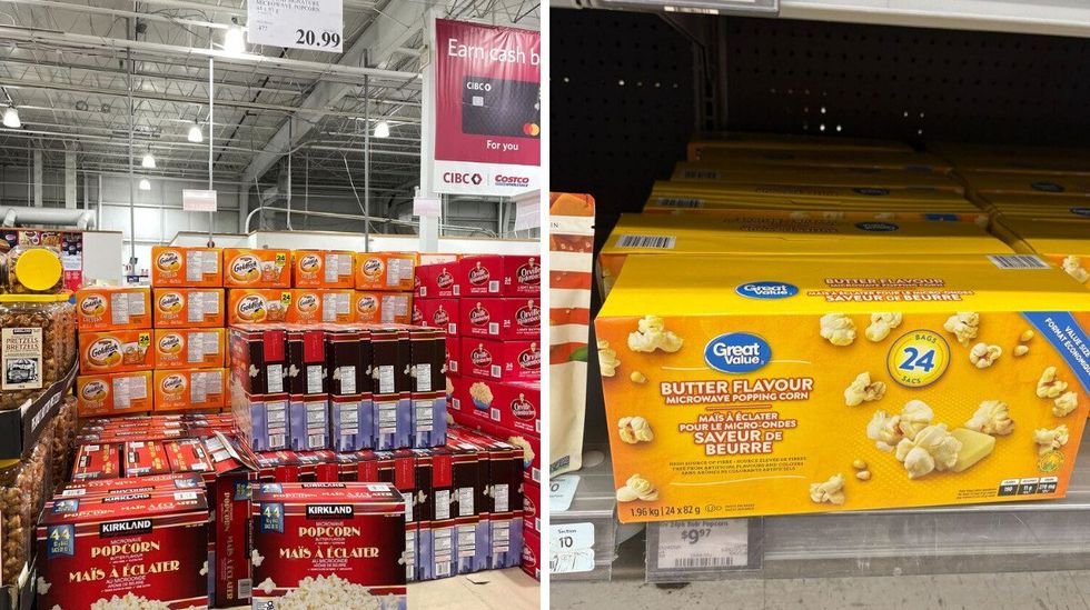 boxes of kirkland signature microwave popcorn. right: boxes of great value microwave popcorn