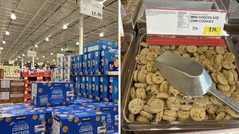 boxes of Kirkland Signature mini chocolate chip cookies at Costco. Right: bin of Mini chocolate chip cookies at Bulk Barn.