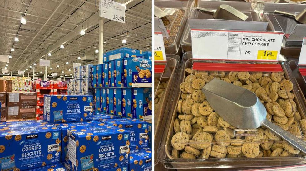 boxes of Kirkland Signature mini chocolate chip cookies at Costco. Right: bin of Mini chocolate chip cookies at Bulk Barn.