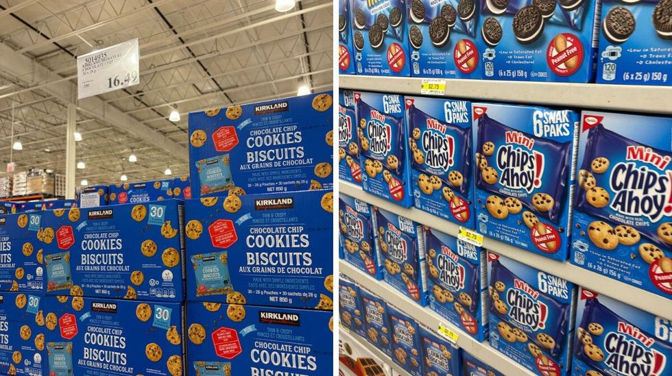 boxes of kirkland signature mini chocolate chip cookies at costco. right: boxes of chips ahoy mini chocolate chip cookies on shelves at dollarama