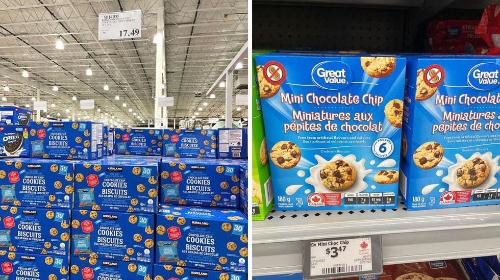 boxes of kirkland signature mini chocolate chip cookies at costco. right: boxes of great value mini chocolate chip cookies on shelf at walmart