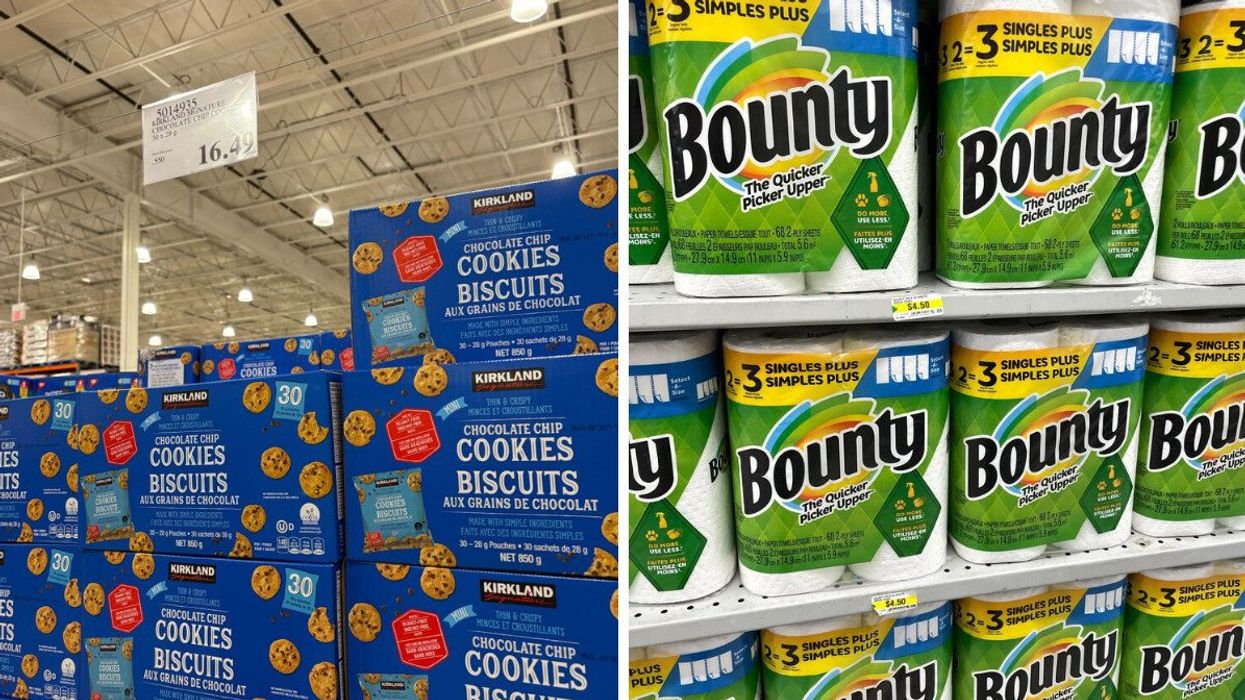boxes of kirkland signature mini chocolate chip cookies at costco. right: packs of bounty paper towels on shelves at dollarama.
