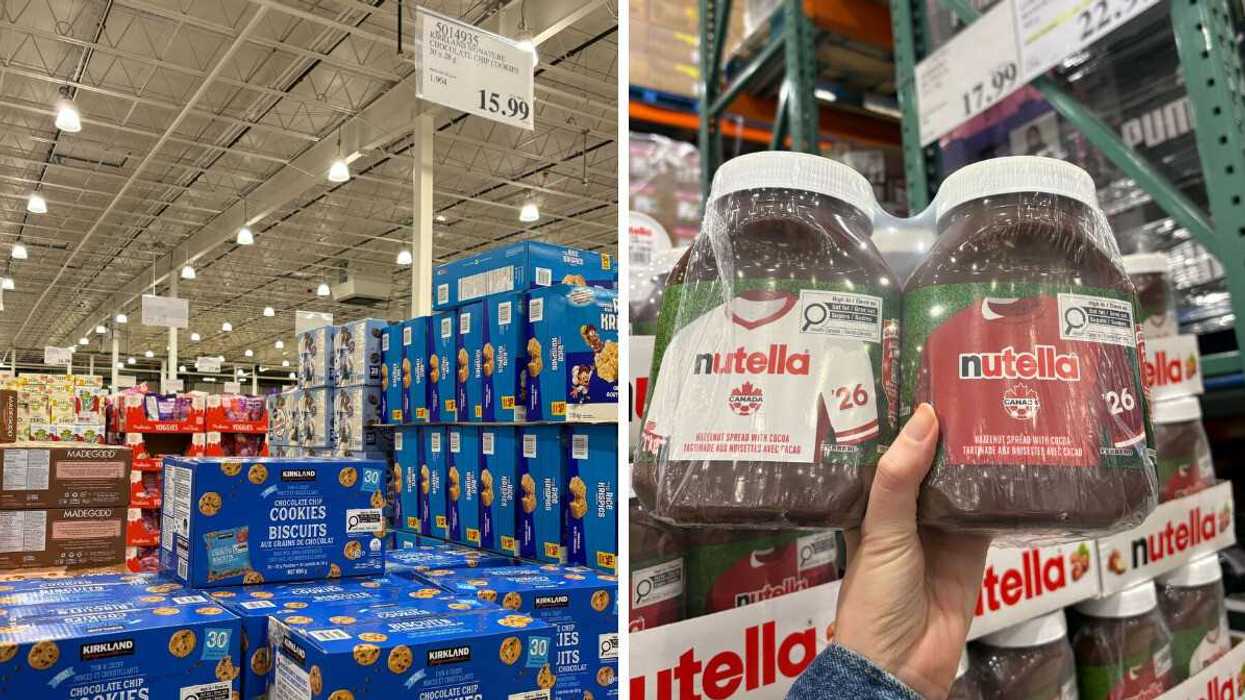 boxes of kirkland signature mini chocolate chip cookies at costco. right: person holding jars of nutella at costco