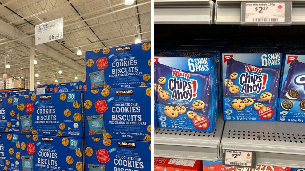 boxes of kirkland signature mini chocolate chip cookies. right: boxes of chips ahoy mini chocolate chip cookies