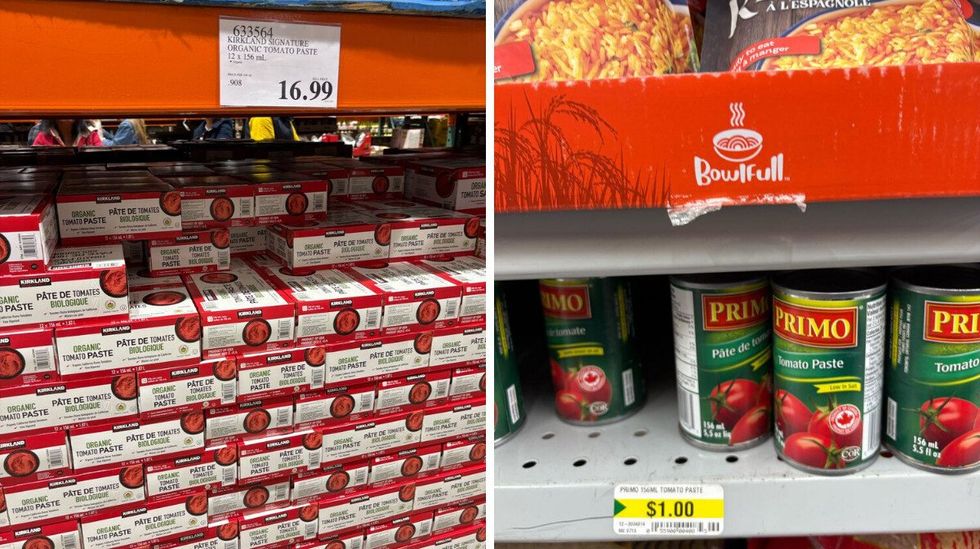 boxes of kirkland signature tomato paste at costco. right: cans of primo tomato paste on shelf at dollarama