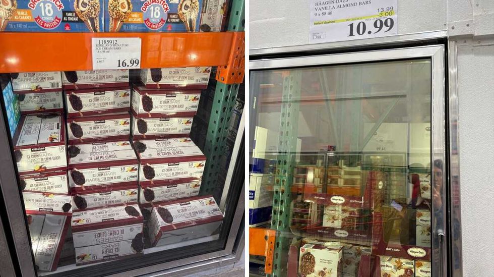 boxes of Kirkland Signature vanilla almond ice cream bars. Right: boxes of H\u00e4agen-Dazs vanilla almond ice cream bars.