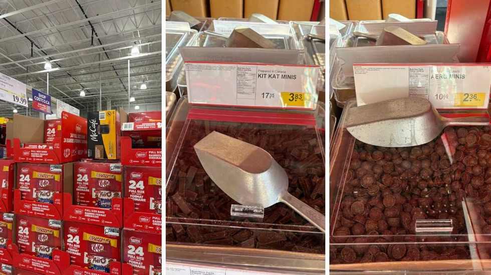 boxes of KitKat, Aero, Coffee Crisp and Smarties at Costco. Centre: bin of KitKat at Bulk Barn. Right: bin of Aero at Bulk Barn.